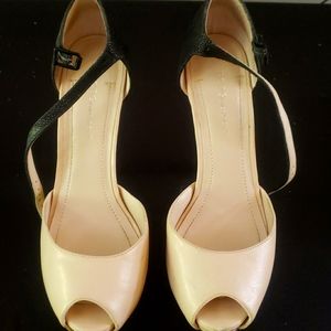 Black and cream slim heeled open toed heels